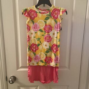 Posh Peanut Floral Annika Angel Sleeve Tee & Pink Varsity Shorts Set Size 9 NWT